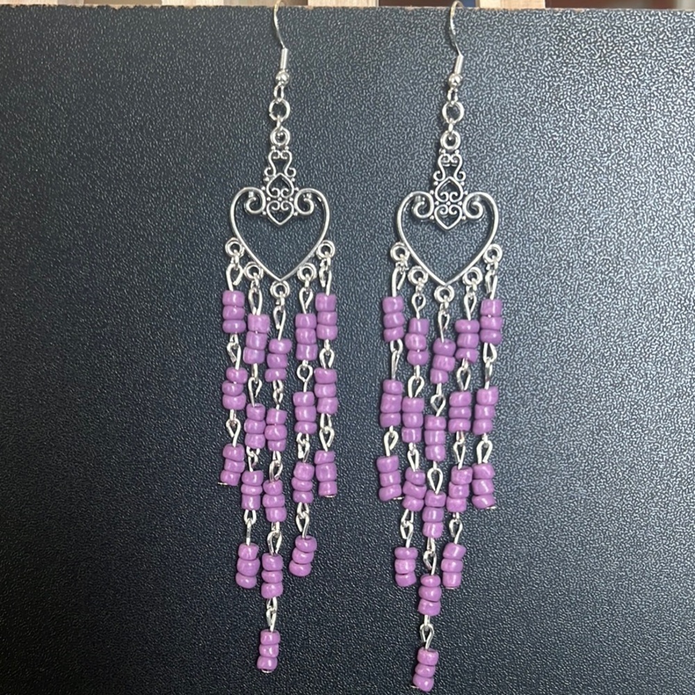 Elegant Purple Beaded Chandelier Earrings
